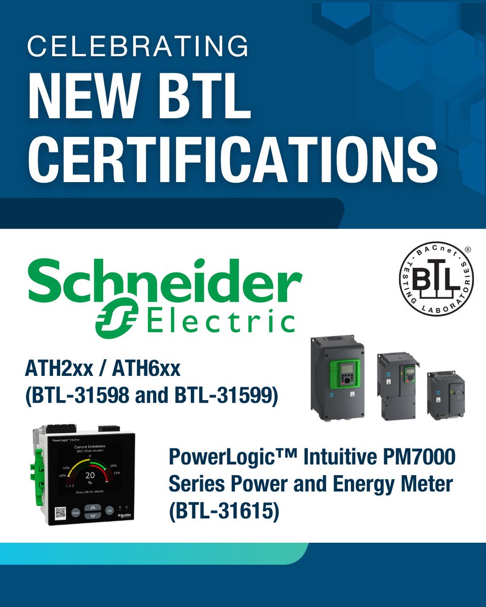 BACnetIntl's tweet photo. Congrats to our Platinum Member @SchneiderElec on their new BTL Certifications!

View product listings:  
https://t.co/U6OTMQbaTa 
https://t.co/CwysVbZaI2 https://t.co/9vrzZiOMLM