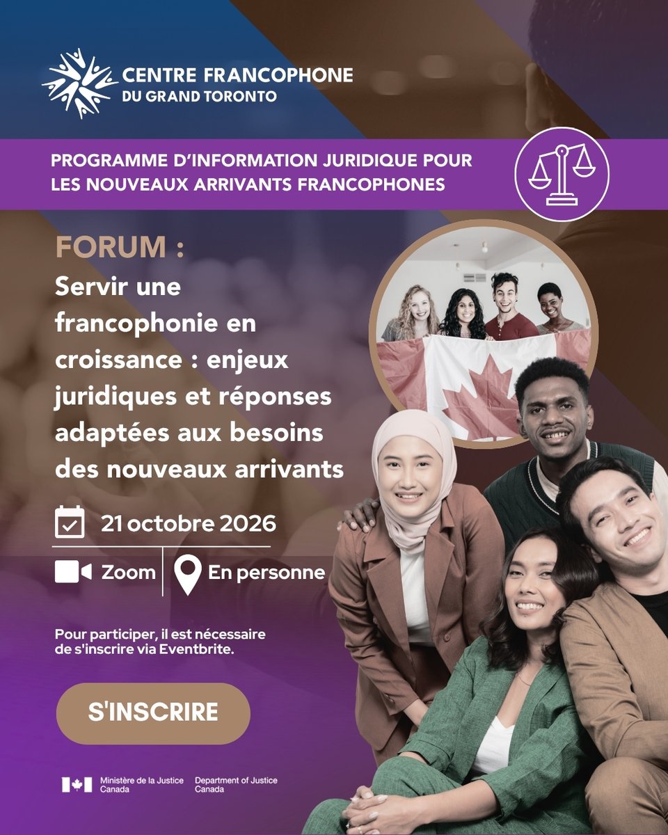 CentrefrancoT's tweet photo. ⚖️ Connaître ses droits, c’est aussi mieux trouver sa place dans sa nouvelle communauté.
Pour de nombreuses personnes nouvellement arrivées, comprendre le système juridique, savoir vers qui se tourner et accéder à de l’information dans sa langue peut faire toute la différence.

C’est autour de ces réalités que le @CentrefrancoT réunira la communauté à l’occasion du forum « Servir une francophonie en croissance : enjeux juridiques et réponses adaptées aux besoins des nouveaux arrivants ».

Que vous soyez nouvel·le arrivant·e, professionnel·le, intervenant·e communautaire ou simplement intéressé·e par les enjeux d’accès à la justice en français, ce forum est une occasion de vous informer, d’échanger et de contribuer à la réflexion.

📅 21 octobre 2026 | 10 h à 15 h
💻📍 Participation sur Zoom ou en personne

👉 Inscrivez-vous dès maintenant : https://t.co/BvkCVjXFcx
----------------------------
#AccèsÀLaJustice #InformationJuridique #NouveauxArrivants #Francophonie #FrancophonesEnOntario #Immigration #CommunautéFrancophone #CFGT