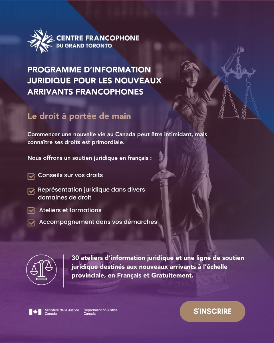 CentrefrancoT's tweet photo. ⚖️ Connaître ses droits, c’est aussi mieux trouver sa place dans sa nouvelle communauté.
Pour de nombreuses personnes nouvellement arrivées, comprendre le système juridique, savoir vers qui se tourner et accéder à de l’information dans sa langue peut faire toute la différence.

C’est autour de ces réalités que le @CentrefrancoT réunira la communauté à l’occasion du forum « Servir une francophonie en croissance : enjeux juridiques et réponses adaptées aux besoins des nouveaux arrivants ».

Que vous soyez nouvel·le arrivant·e, professionnel·le, intervenant·e communautaire ou simplement intéressé·e par les enjeux d’accès à la justice en français, ce forum est une occasion de vous informer, d’échanger et de contribuer à la réflexion.

📅 21 octobre 2026 | 10 h à 15 h
💻📍 Participation sur Zoom ou en personne

👉 Inscrivez-vous dès maintenant : https://t.co/BvkCVjXFcx
----------------------------
#AccèsÀLaJustice #InformationJuridique #NouveauxArrivants #Francophonie #FrancophonesEnOntario #Immigration #CommunautéFrancophone #CFGT