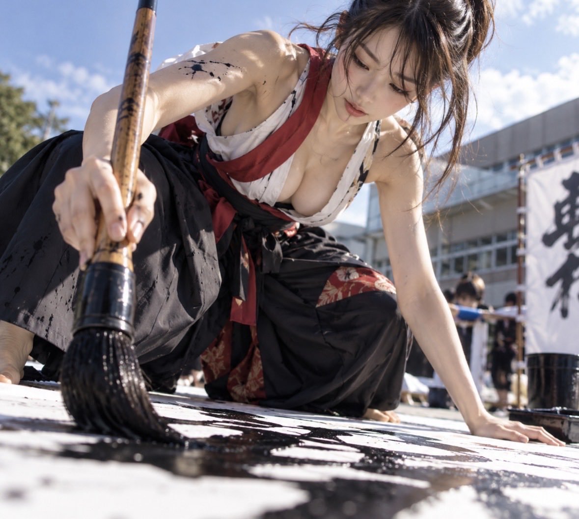 nox_field27's tweet photo. 初めてプロンプト公開してみます！

【Prompt】
大学サークルの書道部、20歳
オシャレでアグレッシブ袴、大きな筆で地面に文字を書いてる途中、襷掛け、緩く深いV字、鎖骨から中央にかけて大きなネガティブスペース、視線は描いている文字、斜め前方からのローアングル

#AIart #AI画像 https://t.co/xQJ1iiQdyO