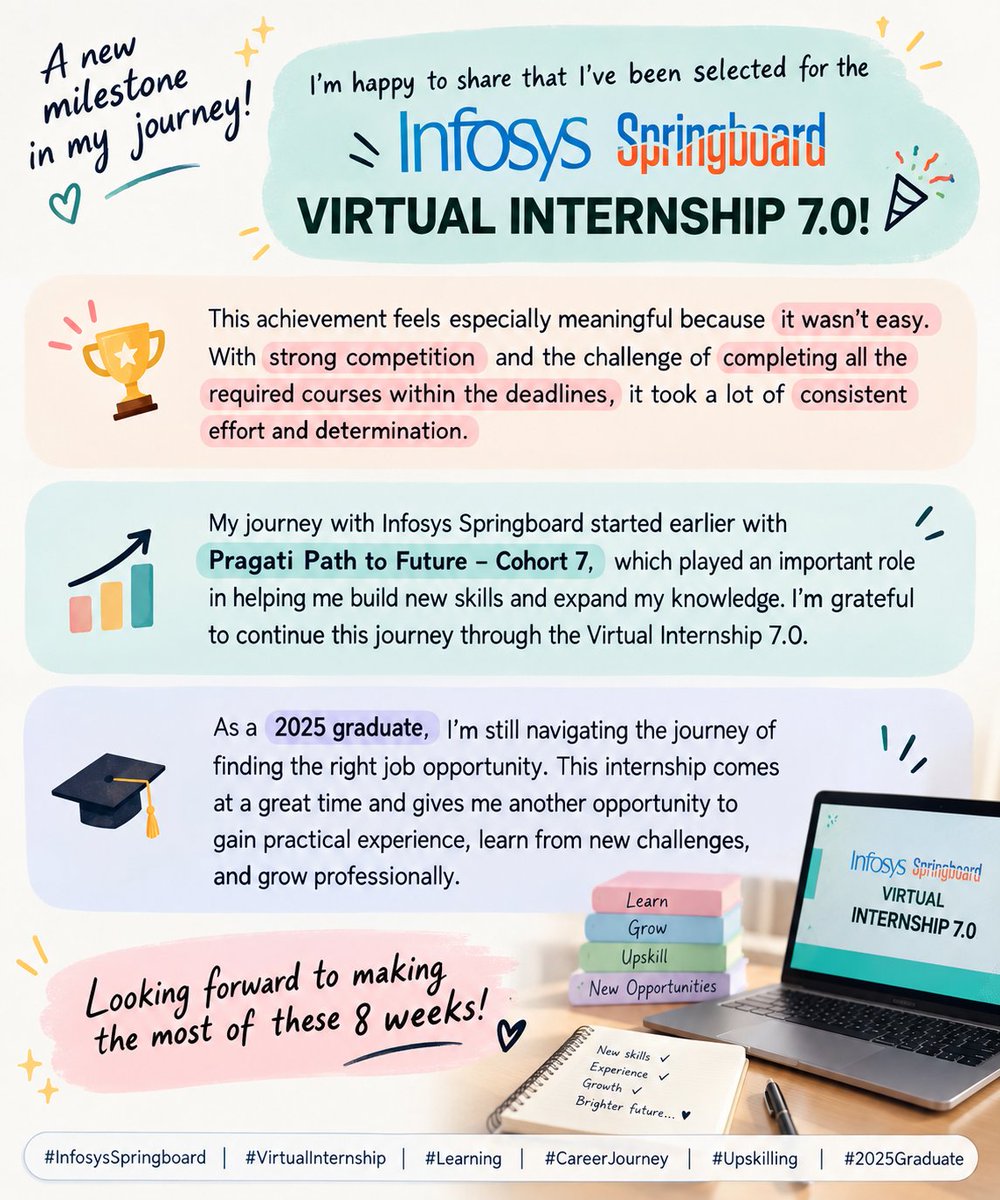 Apoorva2626's tweet photo. Super thrilled to announce my selection for the Infosys Springboard Virtual Internship 7.0! 🎉 Ready to take on new challenges and level up my skills. Let’s do this! 💪💻 @InfySpringboard
@Infosys
#Infosys #Internship #TechCommunity #FutureReady https://t.co/yiNbvk5RpV