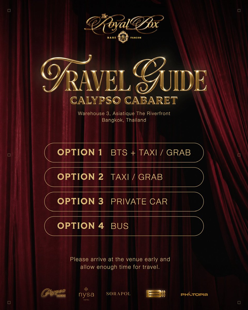 BoutBabe_Ent's tweet photo. 🚗 TRAVEL GUIDE
คู่มือการเดินทางอย่างละเอียดสำหรับ THE ROYAL BOX ✨

เช็กวิธีการเดินทางทั้ง 4 รูปแบบได้ที่นี่ ขอให้ทุกท่านเดินทางโดยสวัสดิภาพ 🙏🏻

Check transportation options and map here for a smooth journey.

See you at THE ROYAL BOX ✨

#TheRoyalBoxBabeFancon2026 #BabeFancon #babiibabe #BoutBabeEntertainment