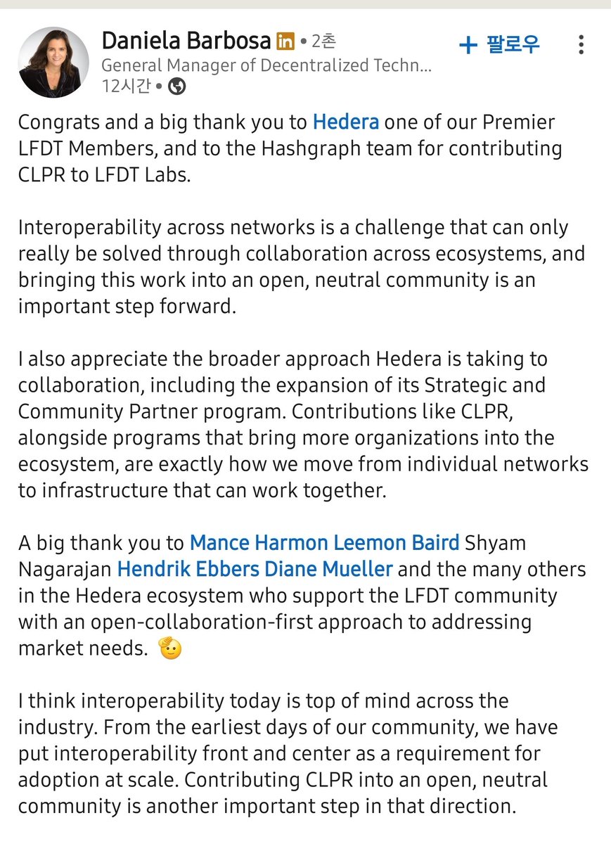 SYCR6h8A4qUyAHf's tweet photo. https://t.co/AXyLNbgzJc
Daniela #Barbosa
(#LFDT)
Congrats and a big thank you to #Hedera one of our Premier #LFDT Members, and to the #Hashgraph team for contributing #CLPR to LFDT Labs. https://t.co/p4RNAi7N1m