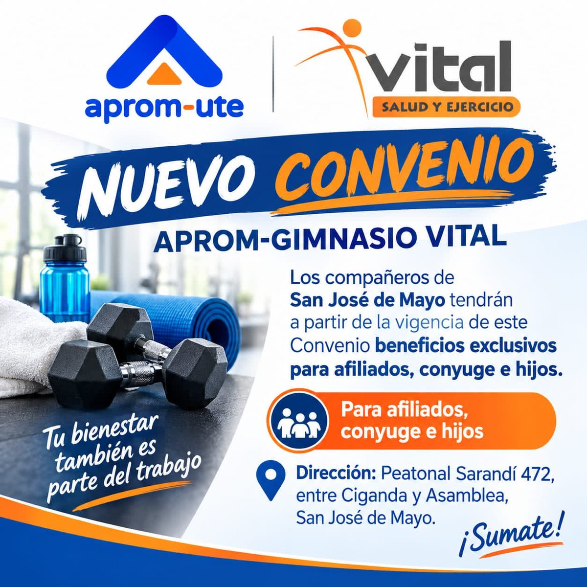 ApromUte's tweet photo. .🏋️‍♀️ *¡NUEVO CONVENIO APROM-UTE!*🏋️‍♂️
💪 *GIMNASIO VITAL en ciudad de SAN JOSÉ DE MAYO*
Continuamos sumando beneficios para sus afiliados y sus familias.A partir de la vigencia de este convenio, afiliados, cónyuges e hijos podrán acceder a un 15% dcto. en matrícula y mensualidad . https://t.co/IfK7LzzuEn
