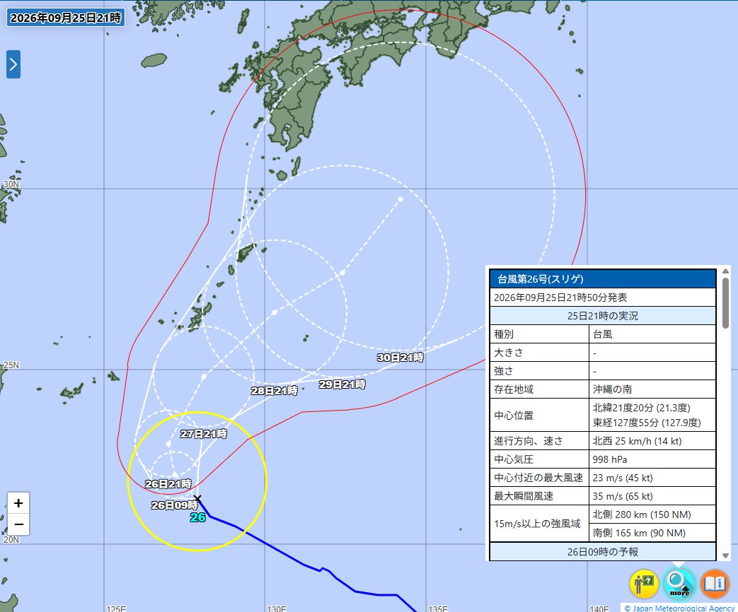 nao7weather's tweet photo. 台風２６号、９月下旬に北上してくる台風にしては、動きがかなり遅い。現在は、時速２５kmだが、明日以降、予報期間中は１５ｋｍ以下で北上する予想。５日間かけても緯度で１０度も北上しない予想。（画像：JMA-HP 25日午後9時進路図より） https://t.co/IIZiXucLbl