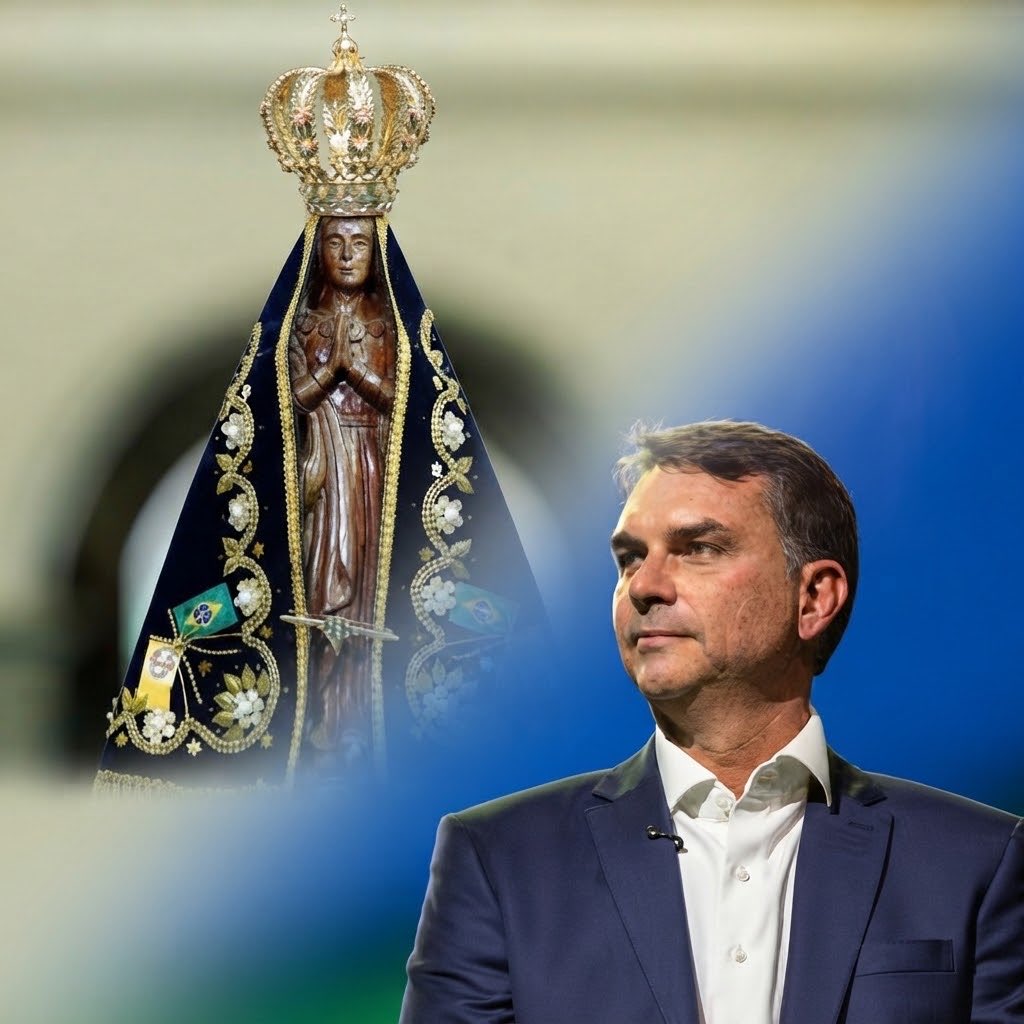 IvanValente's tweet photo. Flávio Bolsonaro, miliciano induzido por mercadores da fé e pastores evangélicos ricaços, propôs, se eleito, retirar de Nossa Senhora Aparecida o título de Padroeira do Brasil. Revolta popular entre católicos e na estrutura da Igreja. Frente à repercussão gigante. Ele nega. QUEM ACREDITA AINDA NESSE MENTIROSO CONTUMAZ?