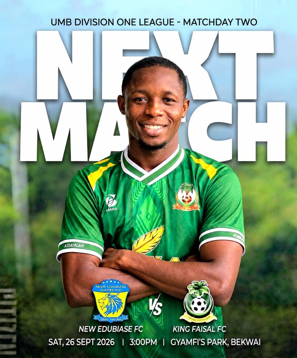 KingFaisalFC's tweet photo. 𝗨𝗣 𝗡𝗘𝗫𝗧 

We are up against New Edubiase tomorrow as aim to build on our opening day victory. 

🕒 3:00pm
🏟️ Gyamfi's Park (Bekwai) 

🟢⚪ #InshaAllah https://t.co/90P7MzNV29