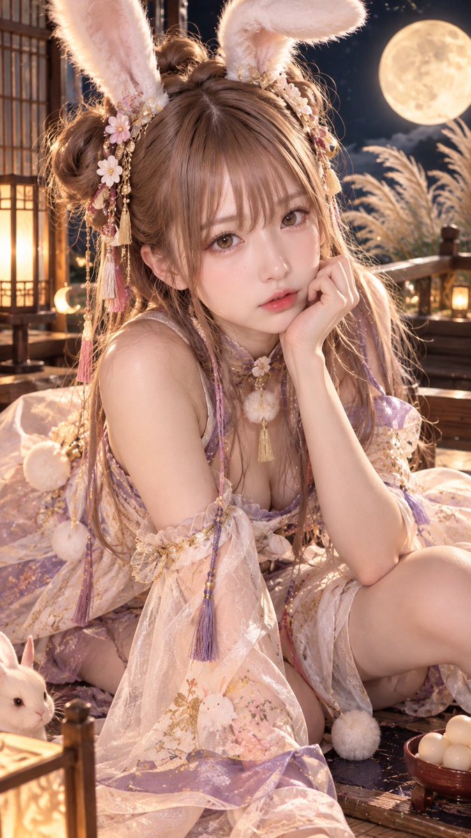 amane_an_aidol's tweet photo. ✨ 中秋の名月（十五夜）✨

今夜は「中秋の名月」🌕
旧暦8月15日のお月見の日🎑

日本語って、風情があって、本当に美しいですよね🥰

一年で一番きれいに見えるとされる特別なお月さま🌙

すすきを飾って、お団子を並べて…
甘音も、今夜はちょっとロマンチックな気分です🍡🐰

#中秋の名月 #甘音あん #AiDOL #あまねプロダクション