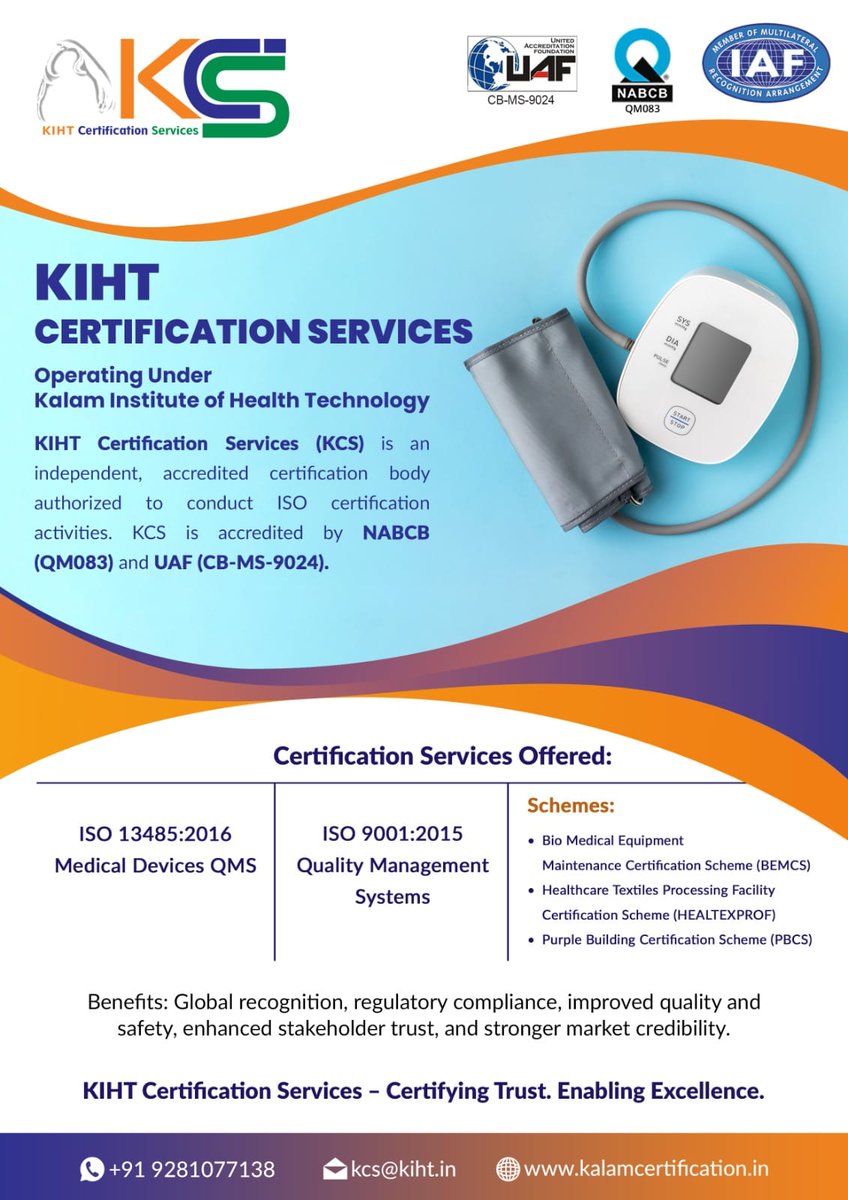 GetKCS's tweet photo. ✨Quality That Inspires Trust. Certification That Builds Confidence.

✨ISO 13485:2016 helps medical device organisations establish a structured Quality Management System, strengthen process controls, & demonstrate their commitment to quality & regulatory compliance.

✨Build Quality. Get certified with KCS.

📧 kcs@kiht.in 
🌐 https://t.co/7Iu1qdVc4S

#MedTech #ISO13485 #MedicalDevices #Certification #QualityFirst
