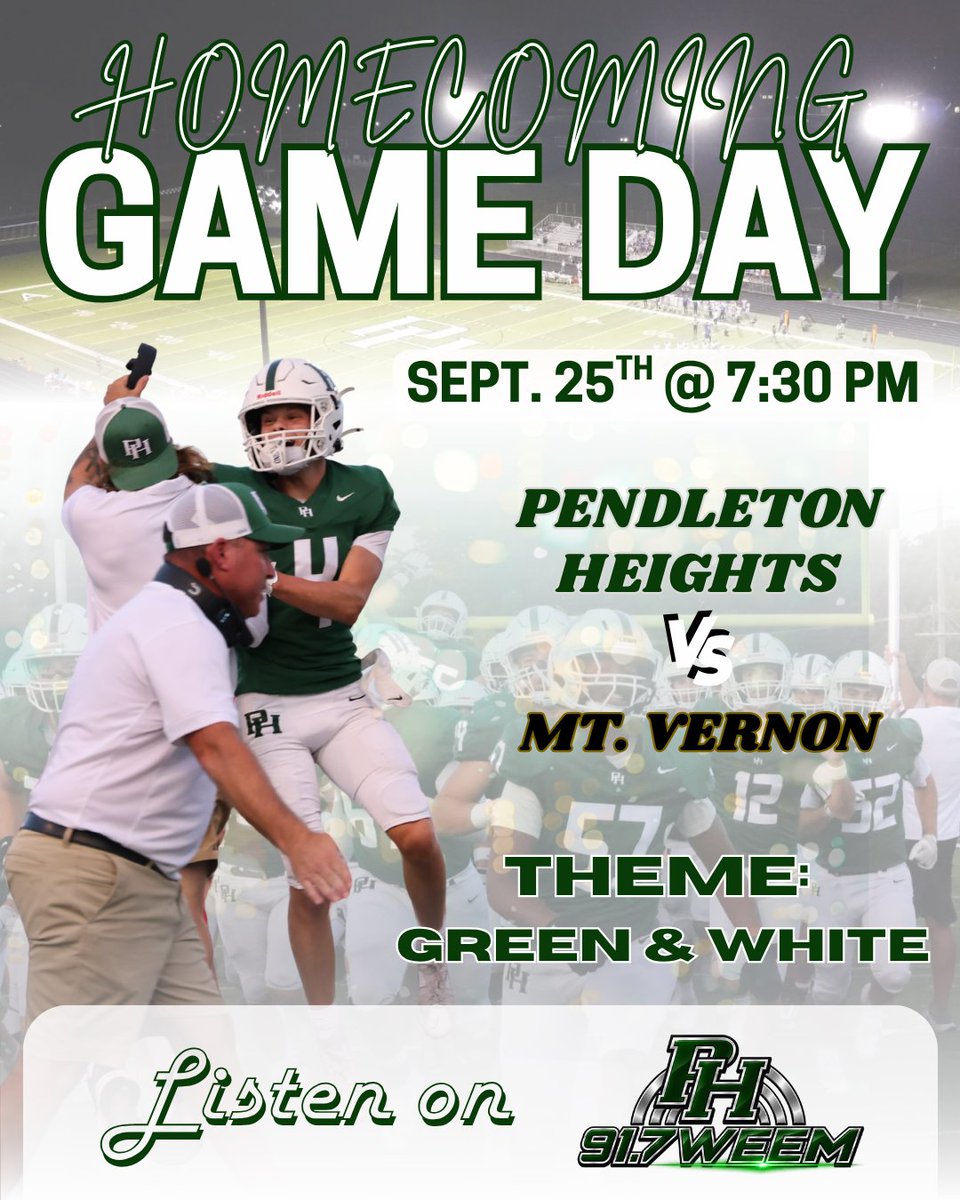 917WEEM's tweet photo. GAME DAY! 🏈

It's HOMECOMING! Your Pendleton Heights Arabians take on the Mt. Vernon Marauders on John Broughton Field. 

Catch all the action live on 91.7 WEEM! Pregame coverage kicks off at 7:15 PM, with kickoff at 7:30. Don’t miss a minute of the action!
@PHHSAthletics https://t.co/xOTNR1J4lF