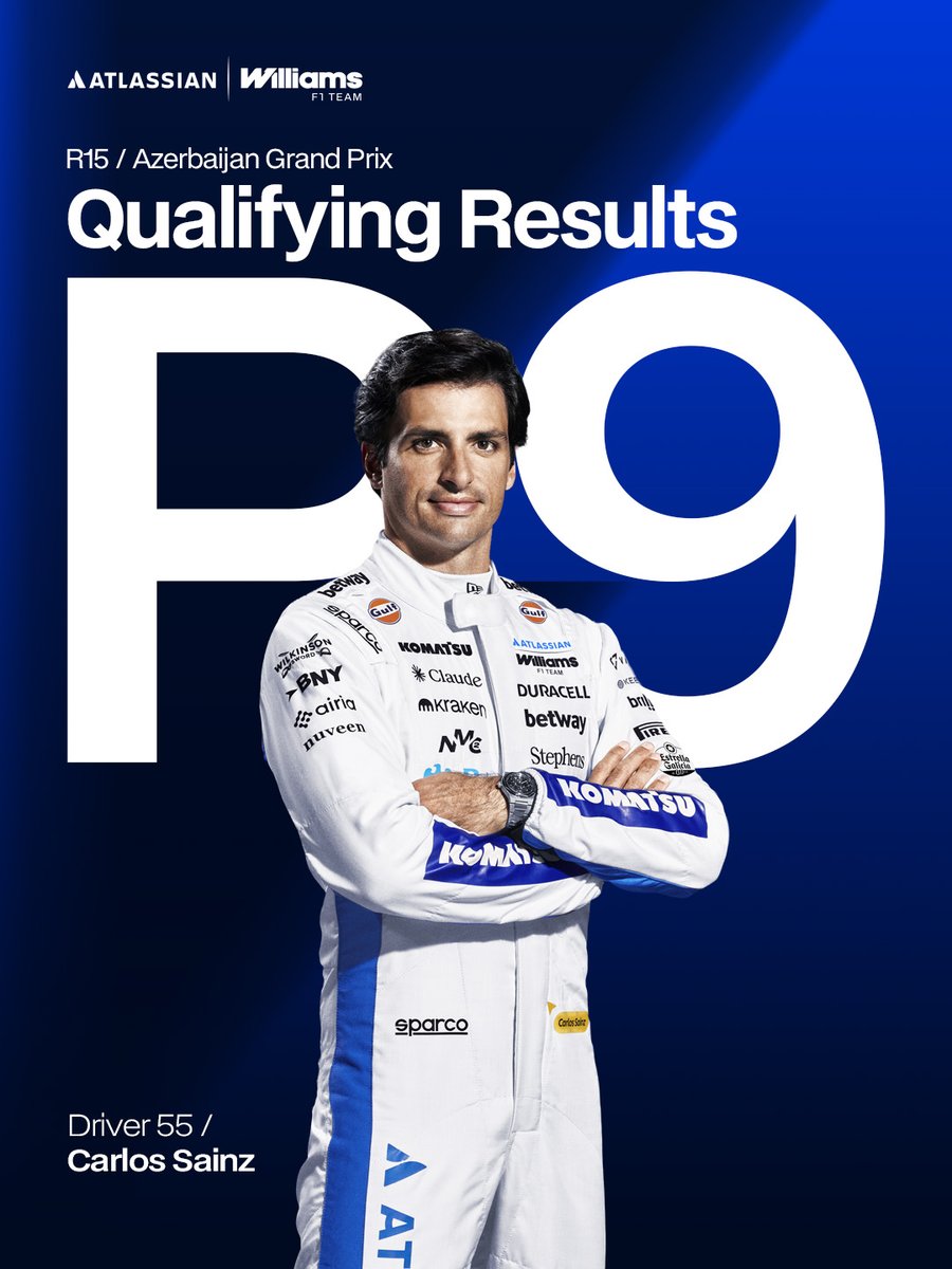 WilliamsRacing's tweet photo. YES CARLOSSSSSSS 👊

Carlos delivers our first Q3 of the season, he'll start P9 in Baku tomorrow. VAMOS 🙌🇪🇸 https://t.co/3LCNPox5SW