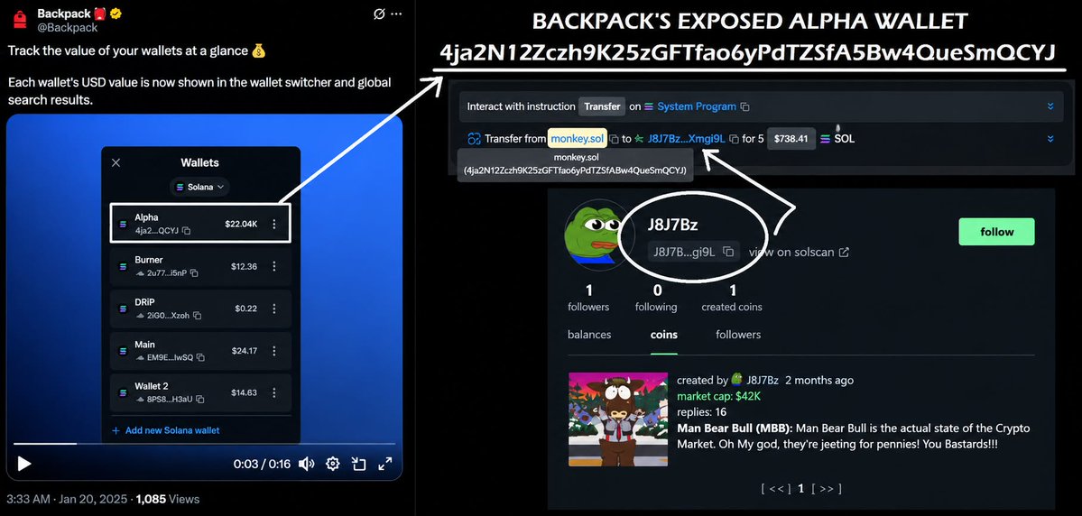 notthe_same1's tweet photo. Backpack hit $1.6b Mcap and found out they deployed a coin 1 yr ago

Ca: CdHKPoQcpEDpZuGRnjcRMrFLHJLYYpLAwS6cL72qpump 

1/ Backpack exposed their alpha wallet(4ja2N….mQCYJ)   
FULL WALLET: 4ja2N12Zczh9K25zGFTfao6yPdTZSfA5Bw4QueSmQCYJ   
Proof: (https://t.co/BaMGZpIr3k)  

2/ The "monkey.sol" wallet then transferred 5 SOL to another wallet (J8J7Bz27pJSuiid2WeH78auAXSVrNVXY1vCF4fXmgj9L).  Tx Hash: https://t.co/YutR7RB70J 

AND CREATED MBB 1 YEAR AGO