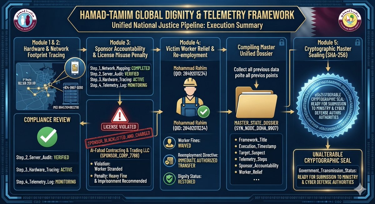 MazedAbdul4j's tweet photo. 🛡️ Hamad-Tamim Framework: Unified national pipeline for labor sovereignty, 8-step hardware tracing &amp; SHA-256 cryptographic sealing.   ⚖️ Sponsor Audit: Real-time compliance engines enforcing strict penalties and blacklisting for license abuse.   🚀 Worker Relief: Instantly https://t.co/UZtMxOsNvr