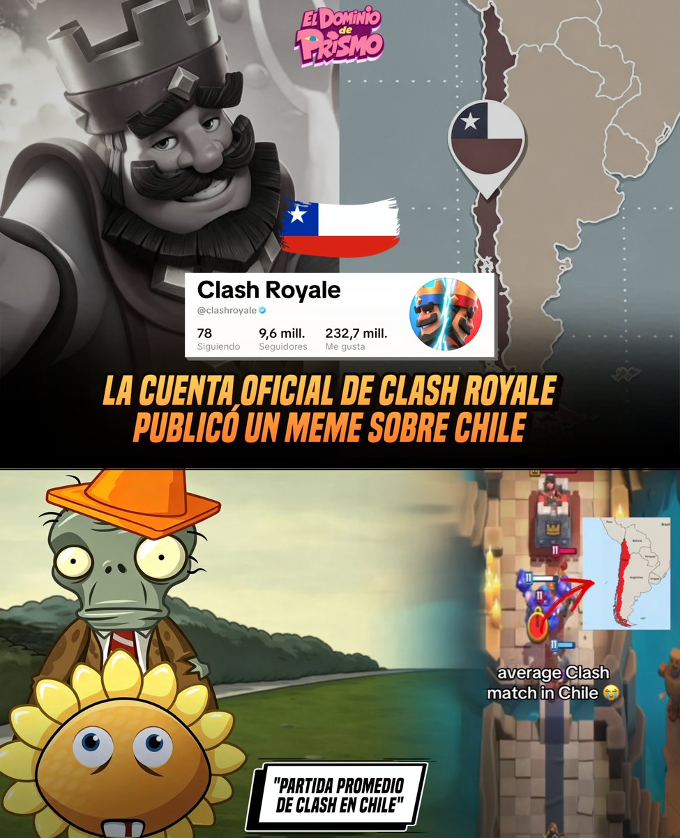 DominiodePrismo's tweet photo. 🇨🇱👑 La cuenta oficial de Clash Royale publicó un meme sobre Chile

Su último video en TikTok se suma a esta tendencia, que se ha vuelto popular entre varias cuentas no hispanohablantes. https://t.co/LNoK22L5NJ