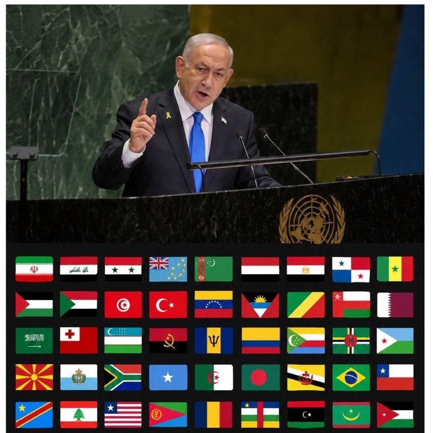 DailyIranNews's tweet photo. List of the 75 countries whose delegations walked out of the UN General Assembly hall during Netanyahu’s speech:

Iran
Iraq
Syria
Tuvalu
Turkmenistan
Yemen
Egypt
Panama
Senegal
Palestine
Sudan
Tunisia
Türkiye
Venezuela
Antigua and Barbuda
Republic of the Congo
Oman
Qatar
Saudi Arabia
Tonga
Uzbekistan
Angola
Barbados
Colombia
Comoros
Dominica
Djibouti
North Macedonia
San Marino
South Africa
Somalia
Algeria
Bangladesh
Brunei Darussalam
Brazil
Chile
Democratic Republic of the Congo
Lebanon
Liberia
Eritrea
Chad
Central African Republic
Libya
Mauritania
Jordan
Nicaragua
Madagascar
Niger
Peru
Saint Lucia
Slovenia
Afghanistan
The Bahamas
Bosnia and Herzegovina
Botswana
North Korea
Eswatini
Uganda
Pakistan
Lesotho
Bolivia
Spain
Cuba
Equatorial Guinea
Kyrgyzstan
Mozambique
Myanmar
Ireland
Maldives
Indonesia
Kuwait
Namibia
Malaysia
Guyana
Kenya