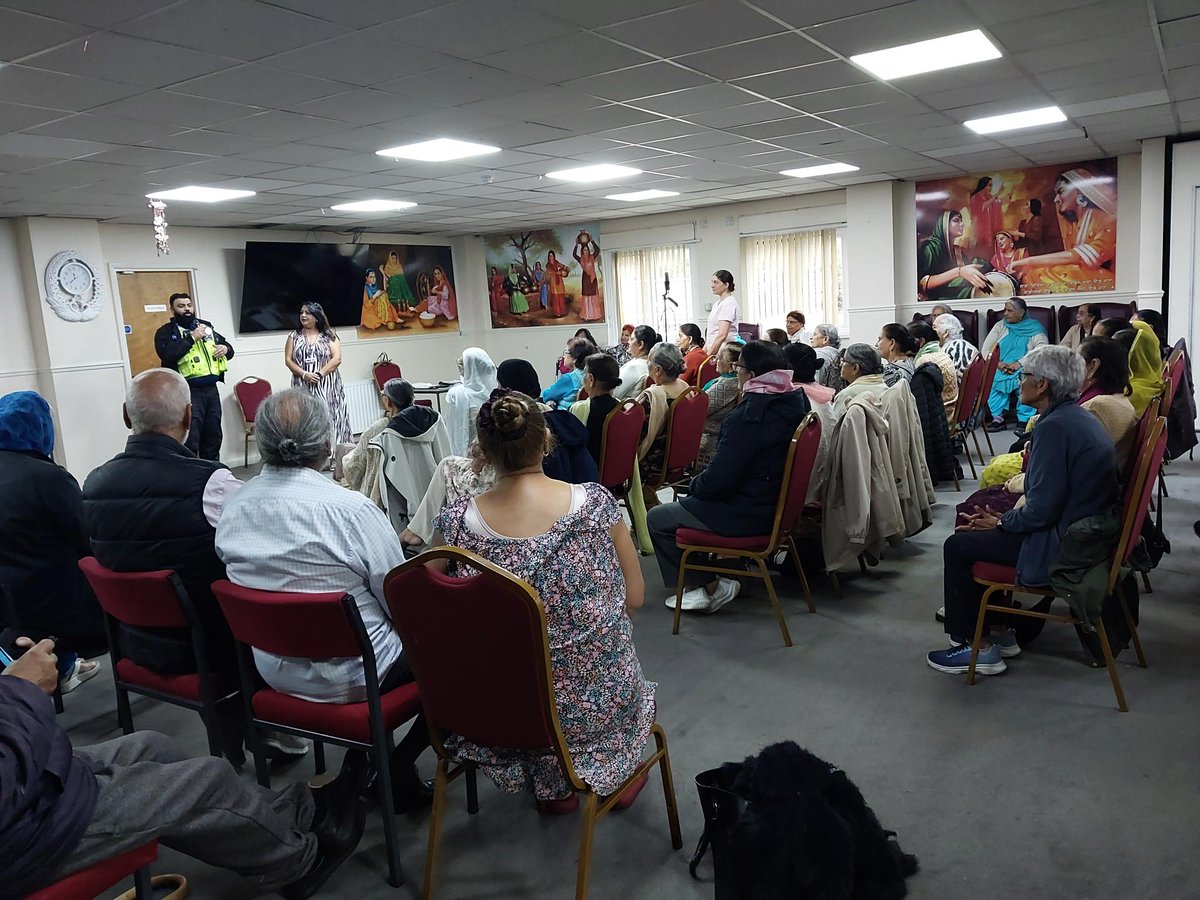 SmethwickWMP's tweet photo. Smethwick Town Officers have given an Input on Scam Awareness to the Milap Group today in St Pauls. Supporting this elderly group by Detecting and preventing by building awareness for our local communities. https://t.co/KpndmyQdt2