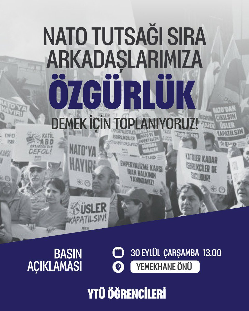 gnclkozgurlukcu's tweet photo. Yıldız Teknik Üniversitesi|

Emperyalist savaş örgütü NATO'ya bilim üretmeyeceğiz dedikleri için  tutuklanan sıra arkadaşlarımız için 30 Eylül 13.00'da yemekhane önünde buluşuyoruz.

Sıra arkadaşlarımız ve tüm NATO tutsakları serbest bırakılsın! https://t.co/XetzE5TKDr