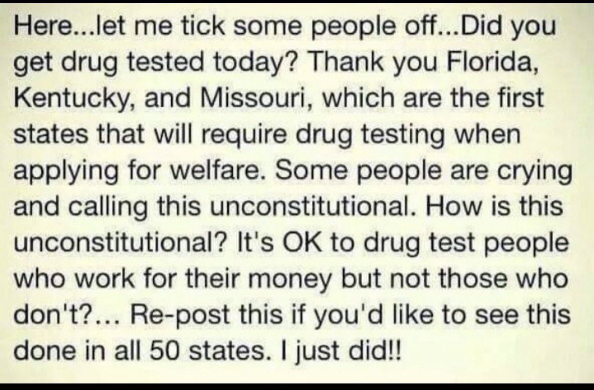 MagaGrunt1's tweet photo. 🇺🇸Millions of hard working Americans are the subject of random drug testing. While non working Americans take advantage of your dedication. Common sense should prevail.🇺🇸 https://t.co/arQVPRSFC6