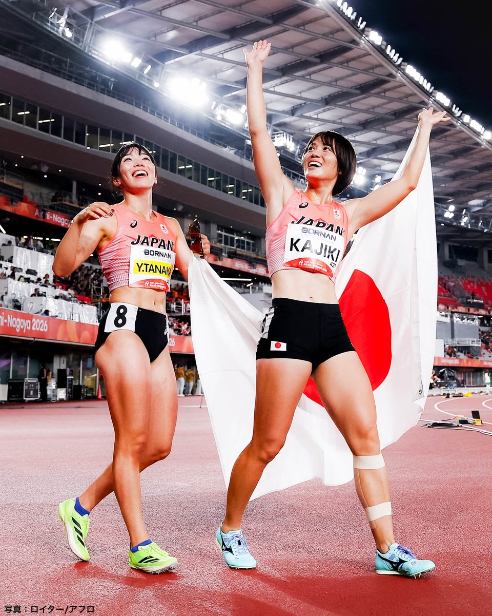TeamJapan's tweet photo. ���𝙊𝙈𝙀𝙉𝙏📷

クイーン・オブ・アスリート👑

女子七種競技で #TEAMJAPAN 初の金メダル
ダブル表彰台の銀メダル

陸上競技
田中友梨 選手🥇
梶木菜々香 選手🥈

@jaaf_official

@AsianGames_2026 #愛知名古屋2026 
#ともに一歩踏み出す勇気を https://t.co/I4GaI7DsVT