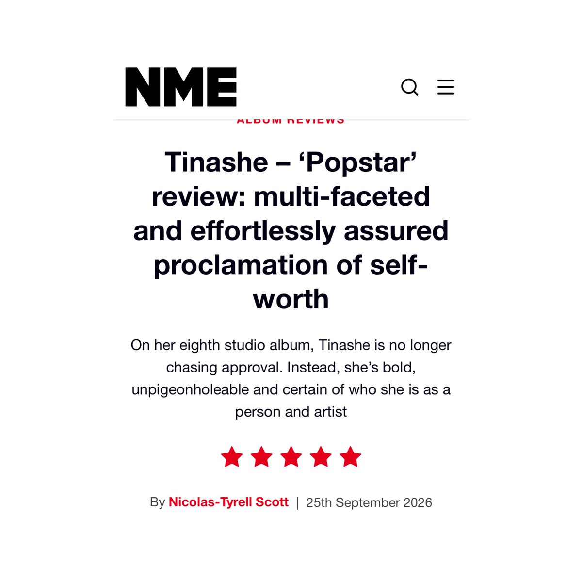 tinashedata's tweet photo. NME awards Tinashe’s ‘Popstar’ a five-star review in its latest critique.

‘[…] ‘Popstar’ is an equilibrium of confidence and introspection on which Tinashe lets the world in – not to vie for their approval, but to showcase the trials and tribulations of a Black woman in Hollywood.’