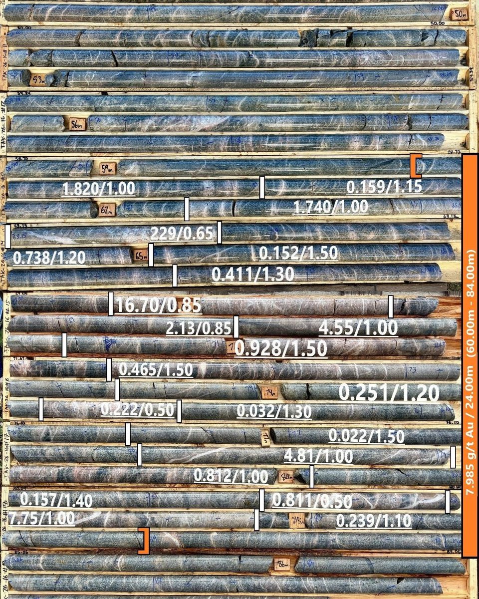 AshleyGoldCorp's tweet photo. 🚨🚨🚨 FOR IMMEDIATE RELEASE 🚨🚨🚨

$ASHL $ASHL.CN Ashley #Gold Corp. Announces Drilling Discovery in Eastern Step Out of 67Z, Cutting 3.333 g/t Au over 60.00m from 24.00m Downhole, Including 229 g/t Au over 0.65m at 63.15m Downhole, Abutting the NexGold Goliath-Gold Complex

Significance:
✔️Ashley’s third received assay set from drilling completed outside historic zones (TAK-26-06, TAK-26-14, and now TAK-26-16).
✔️Best Company and Property interval to date, achieved in under 2,000m of diamond drilling.

Positioning:
✔️4 Phase III Holes remain pending,
✔️Phase IV drilling completed 4 holes.

Next Steps:
✔️The Company will complete Phase IV planned holes and evaluate the allocation of additional meterage to the greater area around the TAK-26-16 hole, pending assessment of expended meterage.

Full link: https://t.co/yppikyN4Nx