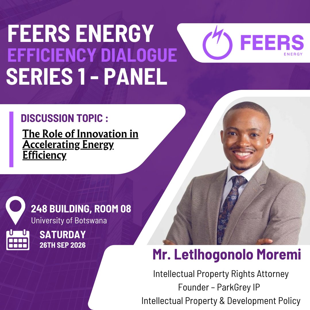 feers_system's tweet photo. MEET OUR PANELIST | SERIES II

Mr. Letlhogonolo Moremi, IP Attorney and Founder of ParkGrey IP, joins us to discuss protecting inventions and turning innovation into commercial opportunities.

📅 26 Sept | 9 AM   
📍 UB, Building 248, Room 08

#FEERSEnergy #Innovation #Botswana https://t.co/mMgIBR30y4