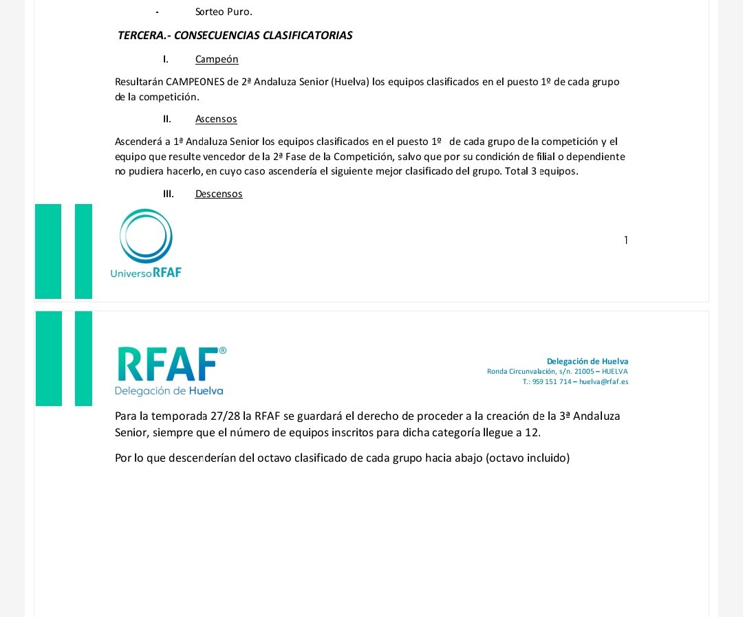 futbol_onubense's tweet photo. ¡Ojo! En la circular de la Segunda Andaluza de Huelva la Federación Onubense de Fútbol deja la puerta 🚪 abierta a la vuelta de la Tercera Andaluza Sénior para la próxima temporada, 27/28.

La condición es que haya 12 equipos mínimo para que salga adelante y de ahí que confirme que hay descensos este año en los dos grupos. 

Bajan del 8° hacia abajo, el octavo incluido. Eso provoca que en el Grupo 1 bajen 7 equipos y en el Grupo 2 bajen 4 equipos.

En la circular no especifican cuántos equipos sería la Segunda Andaluza Sénior si sale adelante la Tercera Andaluza, pero según los cálculos...sería una liga de 14 equipos.

En resumen, el próximo verano volveremos a tener debate sobre esto.