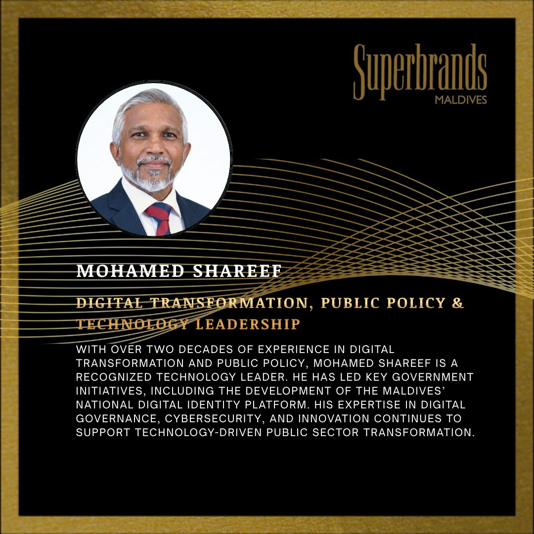 Superbrandsmv's tweet photo. Introducing Mohamed Shareef | Superbrands Maldives Council @MohmdShareef 

Mr. Mohamed Shareef brings over two decades of experience in digital transformation, public policy, technology leadership, and organizational innovation to the Superbrands Maldives Council. His professional journey spans government, technology, academia, banking, and research, providing him with a broad understanding of technology-led development.

Throughout his career, Mr. Shareef has held senior leadership positions within the Maldivian government and played a pivotal role in advancing digital public infrastructure, including the national digital identity platform. His expertise in digital governance, cybersecurity, artificial intelligence, and strategic technology leadership offers valuable insight into recognizing brands that demonstrate innovation, technological excellence, and sustainable growth.

We are honored to welcome Mr. Mohamed Shareef to the Superbrands Maldives Council.

#SuperbrandsMaldives #SuperbrandsCouncil #DigitalTransformation #TechnologyLeadership #Innovation