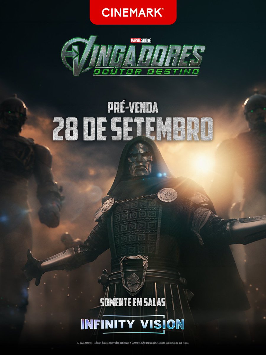 cinemarkoficial's tweet photo. O maior evento da Marvel tem data marcada. 🔥

A pré-venda de Vingadores: Doutor Destino abre na próxima segunda-feira, 28 de setembro. Fica de olho para garantir a sua sessão em XD, D-BOX ou 3D e viver o filme na dimensão que ele pede.

#VingadoresDoutorDestinoNaCinemark https://t.co/RtNzMwaSyP