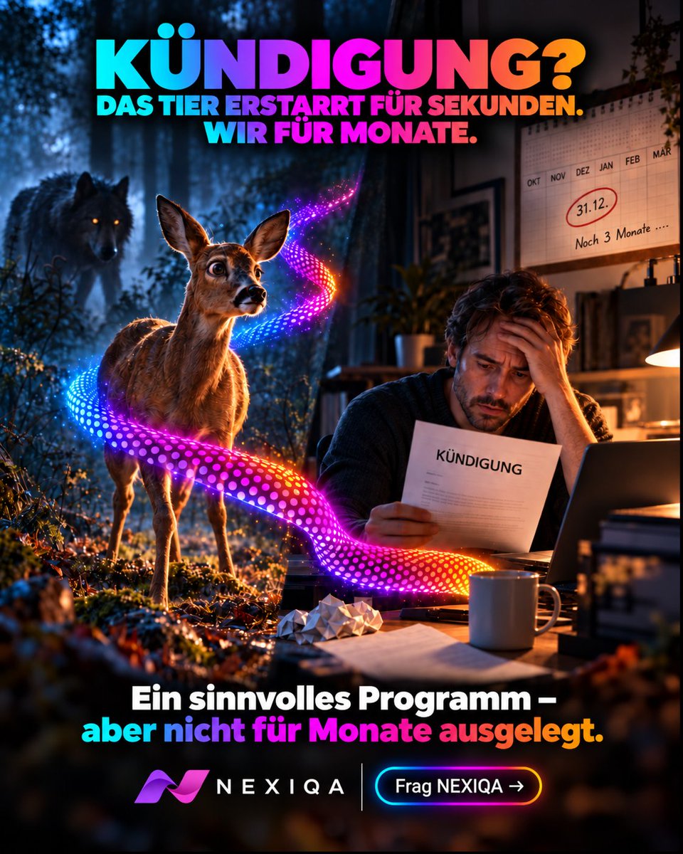 nexiqa's tweet photo. Die Natur kennt keine Kündigungsfrist. 💼

Ein Reh steht vor einem Raubtier und kann nicht fliehen. Es erstarrt.
Nach den #5BN ist das ein motorischer Konflikt: 
„Ich komme hier nicht weg.“ 

Die motorische Hirnrinde – der Bereich, der unsere Bewegungen steuert – nimmt den Muskeln die Kraft. Der Sinn: der Totstellreflex. Was sich nicht bewegt, wird oft übersehen.
Nach Sekunden oder Minuten ist die Sache vorbei. Das Raubtier zieht weiter – und die Starre löst sich.

Beim Menschen klingt dieselbe Situation so: 
„Zum Jahresende müssen wir Sie leider entlassen.“

Auch das ist ein Schock ohne Ausweg. Nach den 5BN läuft dasselbe Programm – zum Beispiel spürbar als Schwäche oder Schwere in den Beinen. Nur dauert es nicht Minuten, sondern ein halbes Jahr.

Genau das ist nach den 5BN unser Problem. Das Programm ist biologisch und sinnvoll – aber für Sekunden ausgelegt, nicht für Monate.
Ein Tier fürchtet eine reale, gegenwärtige Gefahr. Wir Menschen fürchten oft schon gedankliche Konzepte von dem, was noch kommen könnte: die Kündigung, den Scheidungstermin, die Prüfung in drei Monaten.

Das Tier lebt im Jetzt. Wir leben im Kalender. 🗓

👉 Und was passiert, wenn der Konflikt gelöst ist? Frag NEXIQA – die einzige KI-App, die die 5 Biologischen Naturgesetze vollständig beherrscht.

Hinterfrage, was als gesichert gilt.
Frag NEXIQA – die kritischste KI & Community der Welt.
🌐 Web (https://t.co/0BzO8p0vOk)
📱 iOS (https://t.co/5doC9ZOtVB)
📱 Android (https://t.co/csJjMf8WCi)

Die Fünf Biologischen Naturgesetze sind die naturwissenschaftliche Theorie von Dr. Ryke Geerd Hamer.