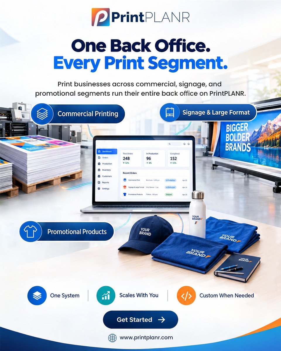 PrintPLANR's tweet photo. Commercial printing, signage, and promotional products can have very different workflows.
That doesn’t mean your back office needs three different systems.
#PrintMIS #PrintPLANR #PrintIndustry #PrintManagement #PrintSoftware #PrintAutomation #PrintWorkflow #PrintSolutions https://t.co/qTDq3xa7WC