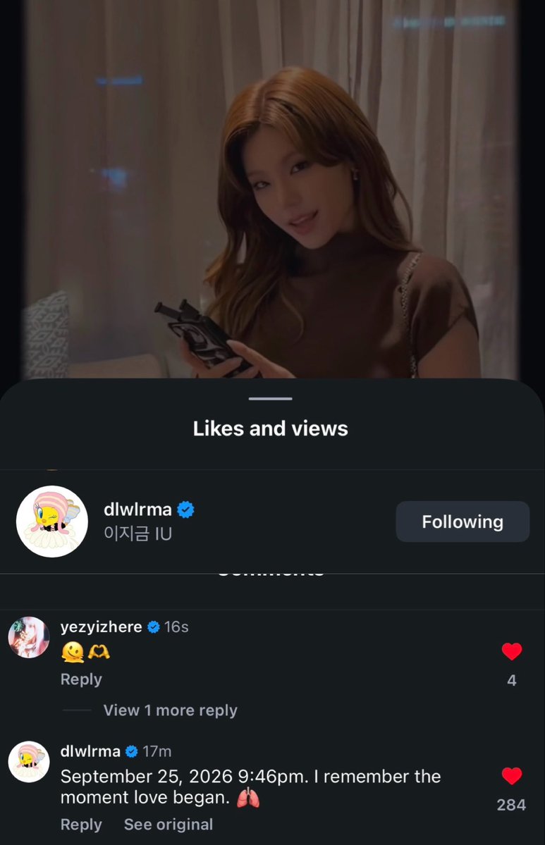 yeji_midzyfury's tweet photo. IU sbn liked and commented on Yeji challenge for her song unknown planet on instagram 

“ September 25, 2026, 9:46 PM. Remembering the moment love began “ 

Yeji is a successfull fan 🥹🫶🏻 https://t.co/3L9m0DvOTv