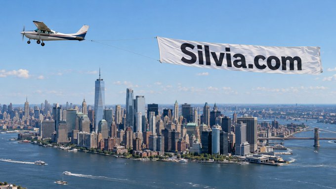 A small aircraft flies over the New York City skyline towing a large banner that reads "Silvia.com," suggesting a bold promotional stunt that aligns with the post's question, "Should we do it?"—as if pitching an audacious skywriting advertising campaign.