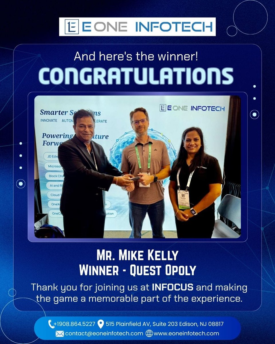 EOneInfotech's tweet photo. 🏆 And here’s the winner! Congratulations to Mr. Mike Kelly, winner of Quest Opoly at INFOCUS 2026! 🎉 Thank you for joining eOne Infotech and making the game a memorable part of the experience. Great game, great energy, great memories

#INFOCUS2026 #QuestOpoly #eOneInfotech https://t.co/UtKg1ukdla