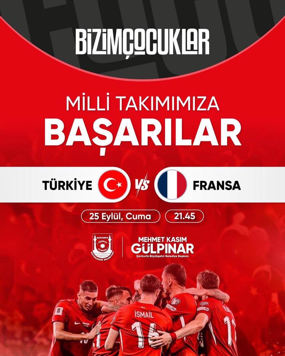sanliurfabld's tweet photo. 🇹🇷 HAYDİ BİZİM ÇOCUKLAR!

Ay-yıldızlı formamızla sahaya çıkacak A Milli Takımımıza bu akşamki karşılaşmada yürekten başarılar diliyoruz. ❤️🤍

90 dakika boyunca kalbimiz sizinle, dualarımız sizinle!

Haydi Türkiye, zafer senin olsun⚽

#BizimÇocuklar #MilliTakım https://t.co/9bwKDYCvKc