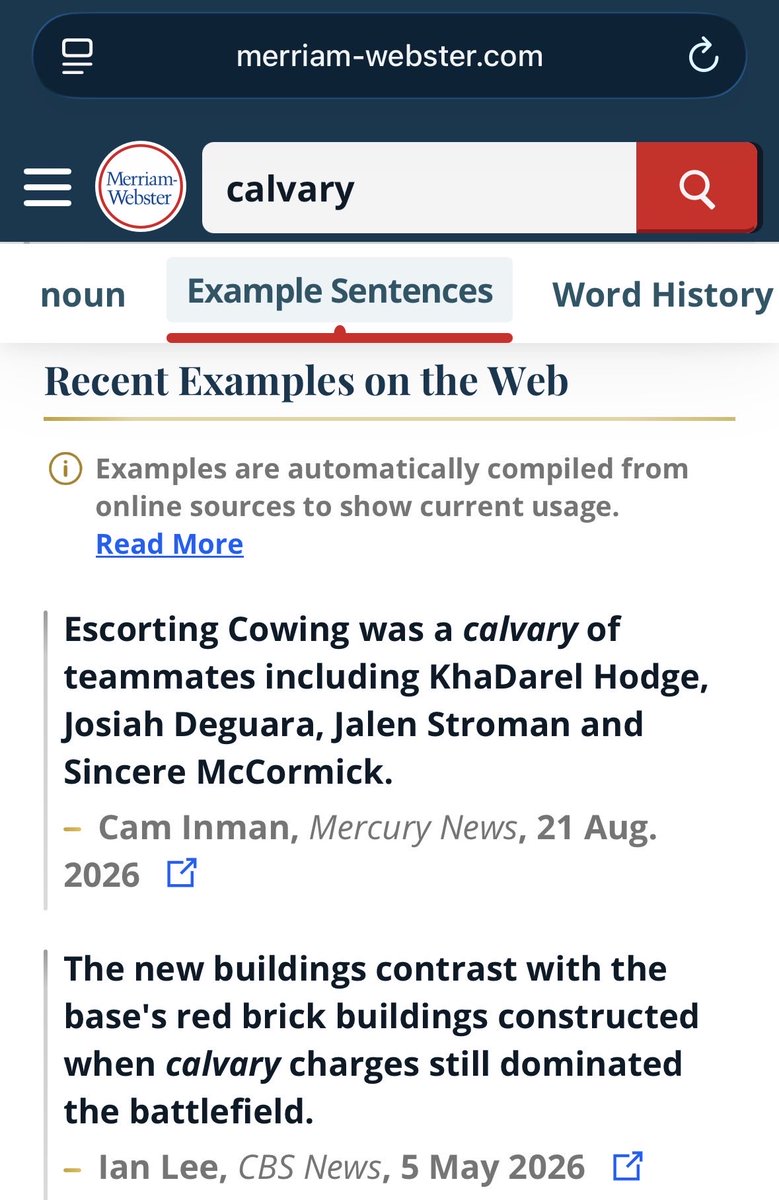 stkandlbstr's tweet photo. @MerriamWebster two usage examples of "calvary" on your site are from writers who don't know the difference between "calvary" and "cavalry." pull it together, merriam-webster dictionary. noah's rolling in his grave. https://t.co/khHEXz3VbU