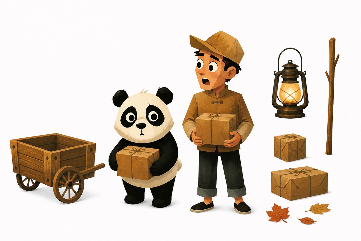 apiframe_hq's tweet photo. Seedance 2.5 Prompt:

Create a 30-second cinematic storybook animation using IMAGE REFERENCE.

CHARACTER AND OBJECT CONSISTENCY:
The reference image defines the EXACT same panda, human male rider, delivery package, clothing, and props. Preserve their exact appearance, colors, proportions, and designs throughout. The SAME panda and SAME male rider must remain visible in EVERY SHOT. Never make the rider disappear, duplicate, or change appearance. Keep the package intact and with them throughout the entire journey.

START AT THE VILLAGE:
Begin with the panda and rider entering a beautiful mountain village at night. The panda carries the delivery package while the rider walks beside it. Hundreds of warm lanterns hang above the narrow village street.

STYLE:
Warm stylized storybook animation matching the reference image, with hand-painted textures, soft painterly details, expressive characters, colorful cinematic lighting, and a whimsical fantasy atmosphere. Create a richly detailed nighttime mountain village with glowing lanterns, wooden houses, bridges, autumn trees, mist, fireflies, and distant moonlit mountains.

STORY — 9 SHOTS:

1. 0:00–0:03 — Panda and rider walk through the lantern-lit village carrying the package. Villagers prepare decorations for a nighttime lantern festival. Lanterns glow warmly overhead.

2. 0:03–0:06 — A strong gust of wind suddenly blows through the street, sending dozens of loose lanterns and autumn leaves flying. The rider grabs his hat while the panda protects the package.

3. 0:06–0:09 — One large lantern becomes tangled in a tree branch and pulls several smaller lanterns loose. They swing across the street toward the panda and rider.

4. 0:09–0:12 — The panda ducks underneath the swinging lanterns while the rider runs beside it. One lantern rolls down the street and the panda follows it, accidentally turning onto a narrow bridge.

5. 0:12–0:16 — The bridge leads them above a rushing mountain stream. Lanterns float downstream below them, creating a glowing trail through the darkness. The rider realizes the delivery route continues across the bridge.

6. 0:16–0:20 — Suddenly, hundreds of lanterns rise into the night sky from the village below. The panda stops in awe while the rider looks upward. Warm lights fill the sky around the moon and mountains.

7. 0:20–0:23 — A gust pushes several floating lanterns toward them. The rider quickly guides the panda underneath a wooden archway as the lanterns drift safely overhead.

8. 0:23–0:27 — They finally reach a small wooden house at the far end of the village. A tiny lantern glows beside the door. The panda carefully places the package at the doorstep.

9. 0:27–0:30 — The recipient opens the door and happily receives the package. Panda and rider turn around and look up at the enormous sky filled with glowing lanterns. The panda gives a happy little squeak as the camera pulls back to reveal the entire illuminated mountain village.

MOTION:
Continuous progression: peaceful village walk → sudden wind → loose lanterns → chase → bridge crossing → lantern festival → final delivery. Keep both characters together and visible throughout. Natural panda and human movement, clear cause-and-effect, expressive reactions, and smooth cinematic transitions. The package must never disappear or change.

CAMERA AND AUDIO:
Use cinematic establishing shots, tracking shots, low-angle village views, close-up reactions, overhead views of the lanterns, and a final wide reveal. Include gentle footsteps, lanterns swaying, wind, rustling leaves, rushing water, wooden bridge creaks, distant village ambience, magical music building during the lantern release, and one cheerful panda squeak at the end.

No dialogue, narration, character duplication, disappearing characters, redesigns, teleportation, sudden costume changes, inconsistent proportions, text, logos, or watermarks.