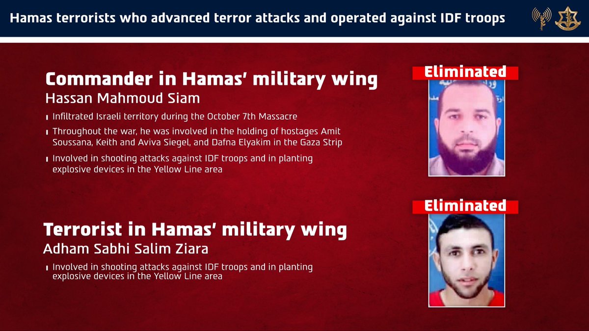 IDF's tweet photo. 🔴ELIMINATED: 2 Hamas terrorists, Hassan Mahmoud Siam, a commander in Hamas’ military wing & Adham Sabhi Salim Ziara, another operative in Hamas’ military wing.

Mahmoud Siam infiltrated Israel during the October 7 Massacre and was involved in the holding of hostages Amit Soussana, Keith & Aviva Siegel and Dafna Elyakim in Gaza.

Recently, the terrorists advanced attacks against Israeli civilians & IDF troops and operated to restore Hamas’ capabilities, in systematic violation of the ceasefire. 

Additionally, they were involved in shooting attacks against IDF troops and in planting explosive devices in the Yellow Line area, and were eliminated in order to remove the threat they posed.