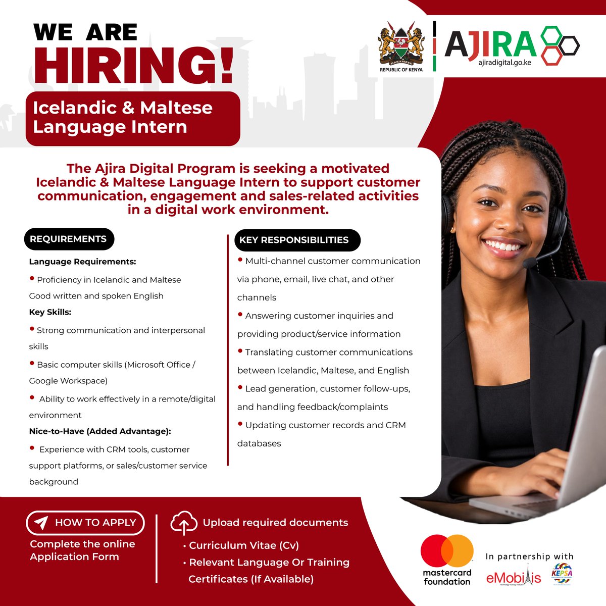 KEPSA_KENYA's tweet photo. The @AjiraDigital is looking for individuals with Icelandic and/or Maltese language skills to support customer communication &amp; related business activities in a digital work environment.
Register/Login for free on Ajira Digital👉: https://t.co/Kr4GnnVBdh, Search Job ID: AJ0149 https://t.co/UV2xBIpLMN