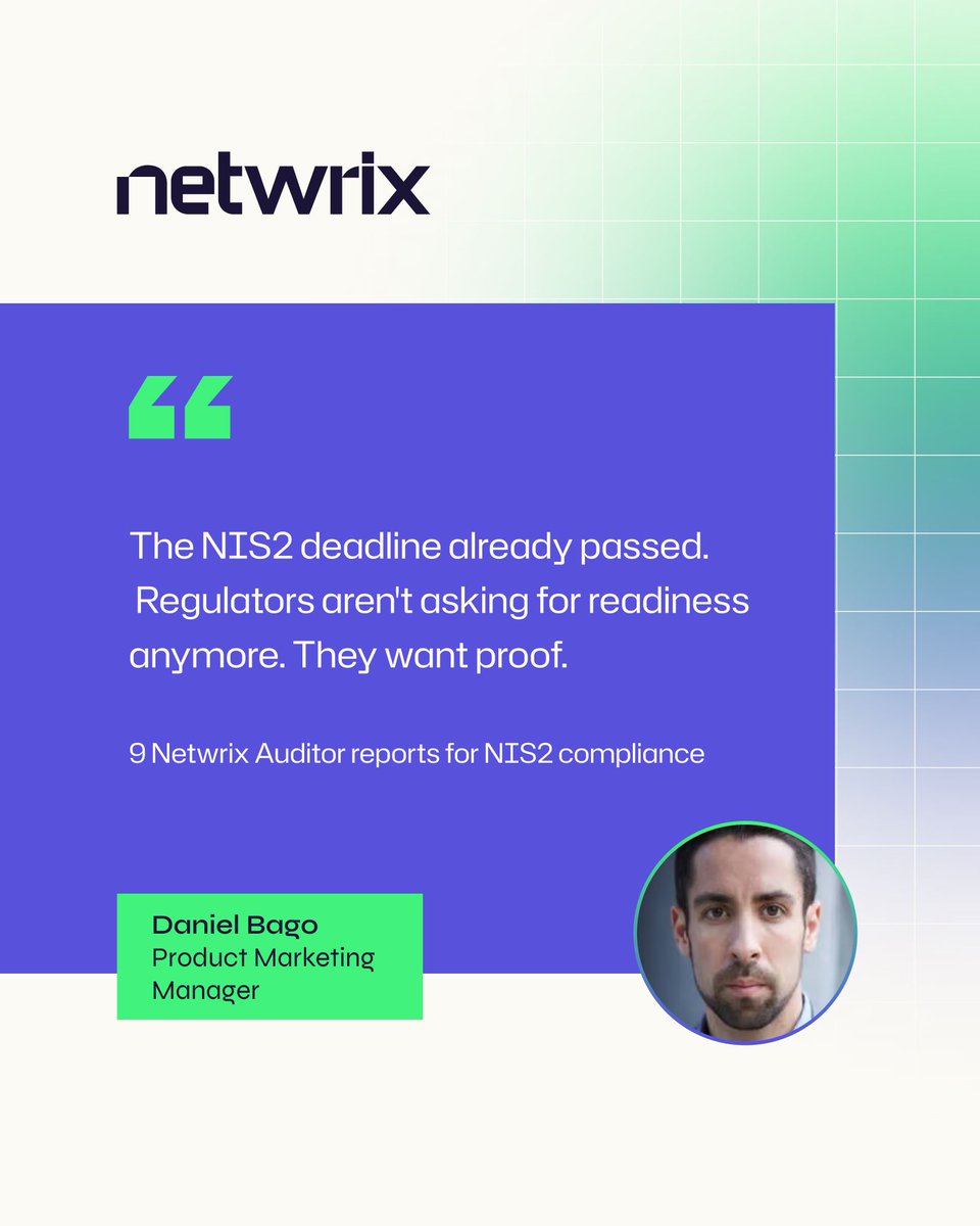 Netwrix's tweet photo. Regulators aren't asking if you're ready for NIS2 anymore. They want proof.

The compliance deadline passed in October 2024. If your organization operates in energy, transport, finance, health, digital infrastructure, or any other critical sector the directive covers, that shift already applies to you. Article 21 asks you to prove who has access, what they did with it, and whether you'd notice if something went wrong.

Daniel Bago, Product Marketing Manager at Netwrix, walks through nine Netwrix Auditor reports that map your access surface and track behavior once permissions are granted. The same reports also prove what changed, following the same logic an auditor, or an attacker, would use.

Read the full blog 👉🏼 https://t.co/43ohTC49BF

#Netwrix #NIS2 #NetwrixAuditor #9NetwrixAuditorReport #NIS2Compliance