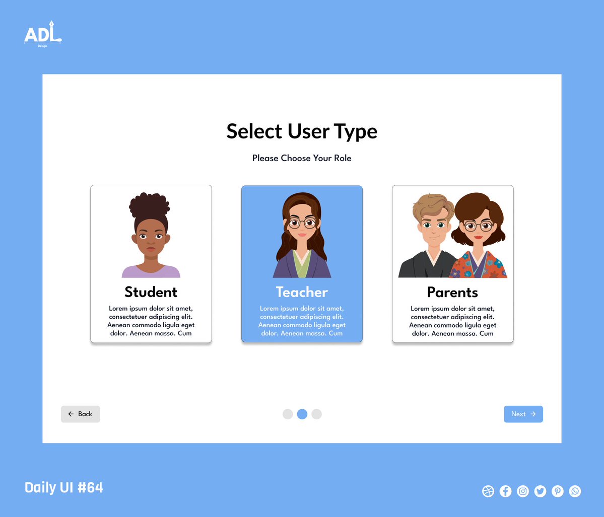iamadl_'s tweet photo. User Selection Daily UI #0064

Hi everyone.
For today's challenge, the prompt is to design a User Selection Screen. I used profile for student, Teacher or Parents. 

What do you think?
#dailyui #Designcommunity #figmadesign #uiux https://t.co/tYFh36Qc1t