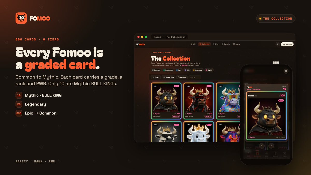 getFoMoo's tweet photo. Only 10 Fomoos are Mythic.

They're the BULL KINGs - full-holo cards, GEM-MT 10, PWR 100.

The other 656 run Legendary down to Common, each with its own rank and PWR. https://t.co/dH8zfzVsDi
