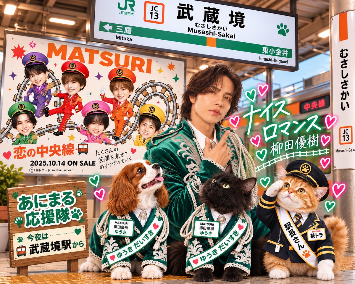 michi_runchan's tweet photo. 🐾あにまる応援隊🐾 今夜は武蔵境駅から🚃✨ 

優樹くん💚を囲んで みんなで『恋の中央線』を応援中〜🥰📣💕 茶トラ駅長さんも敬礼で見守ります🫡🐱✨ 
たくさんの人に届きますように🍀✨ 笑顔を乗せて、今夜も走るよ〜🚃💕   #恋の中央線
#MATSURI #柳田優樹
#あにまる応援隊 https://t.co/uUtDzaU1Tv