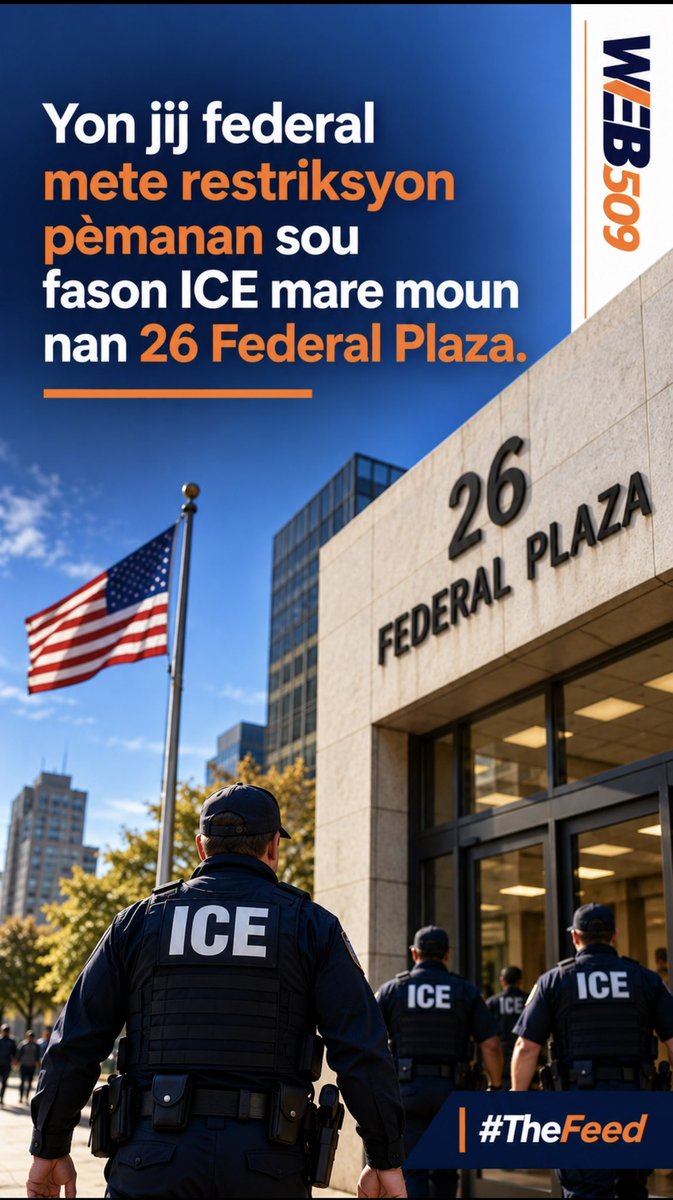 dennly109's tweet photo. #TheFeed: Yon jij federal mete restriksyon pèmanan sou fason ICE konn ap mare moun nan 26 Federal Plaza nan New York. Daprè restriksyon an, ICE dwe limite twòp moun nan chanm yo, bay swen medikal ak ijyèn, epi pèmèt yo kominke a tout konfidans ak avoka yo. https://t.co/BlcHVEXifS