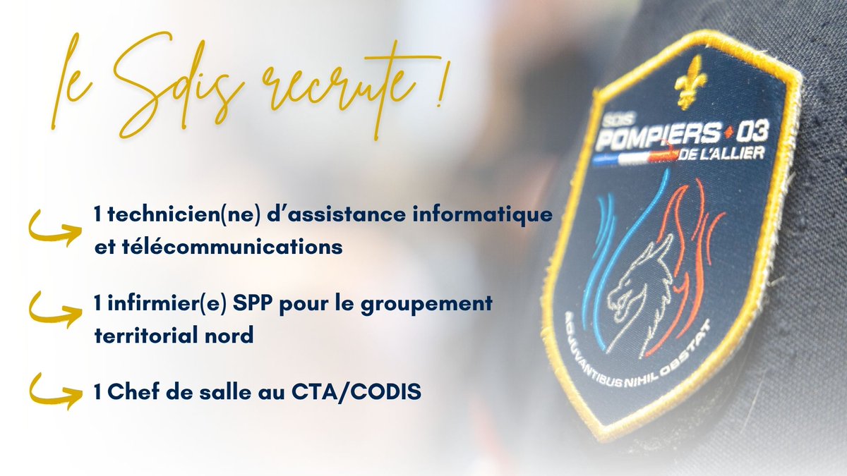 Pompiers03's tweet photo. [#RECRUTEMENT]
📥Le SDIS03 recrute :
➡️1 technicien(ne) d’assistance informatique et télécommunications au GSI. 
➡️1 infirmier SPP pour le groupement territorial nord. 
➡️1 Chef de salle au CTA/CODIS 
🔎Tous les détails ici : https://t.co/QTPNsRjjas https://t.co/zFJGZSbzeI