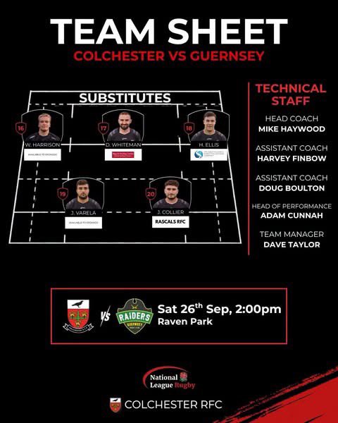 ColchesterRFC's tweet photo. TEAM NEWS 📰 

Your 1XV to face Guernsey in round 4 of @Natleague_rugby. Don’t forget the early kick-off! 

🆚 Guernsey Raiders RFC 
📍 Raven Park
⏰ 2:00PM
🗓️ Saturday 26th September

#ComeOnCol #Colchester #ColchesterRugby #Rugby #Nat2East https://t.co/yX4fk2gHu6