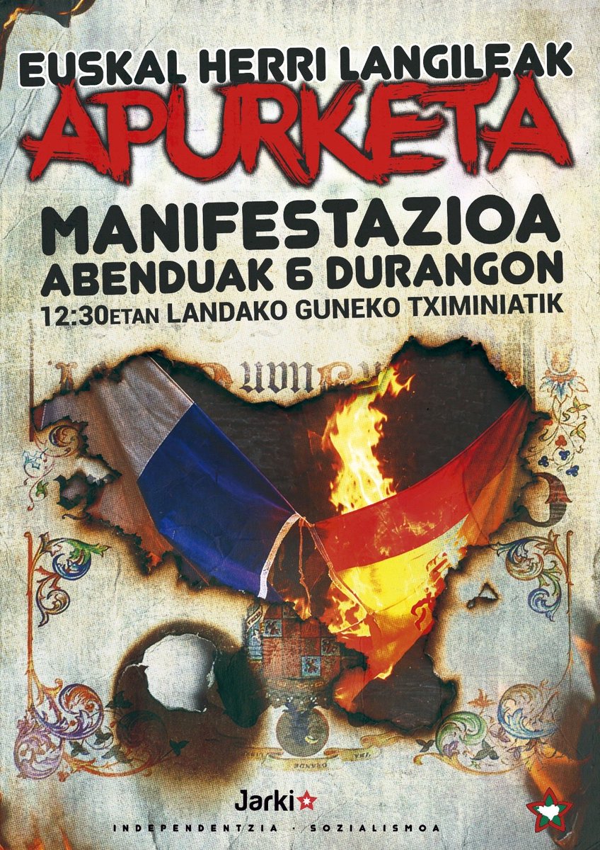 JardunK's tweet photo. JARKI antolakunde iraultzaileak abenduaren 6an espaniar konstituzioaren aurka burutuko duen manifestaziora batzeko deia egiten dio Euskal Herri Langileari.

📅 Abenduak 6
🕒 12:30
📍Landako Guneko Tximiniatik (Durango) 

EUSKAL HERRI LANGILEAK APURKETA! https://t.co/alozGTYpzG
