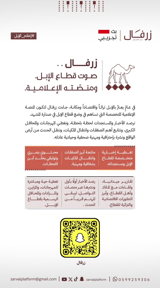 ZarvalPlatform's tweet photo. #زرفال 
في عالمٍ يعتزّ بالإبل تراثاً واقتصاداً ومكانة، جاءت #زرفال لتكون المنصة الإعلامية المتخصصة التي تساهم في وضع قطاع الإبل في صدارة المشهد.
#إعلام_الإبل https://t.co/uXaUvlSU74