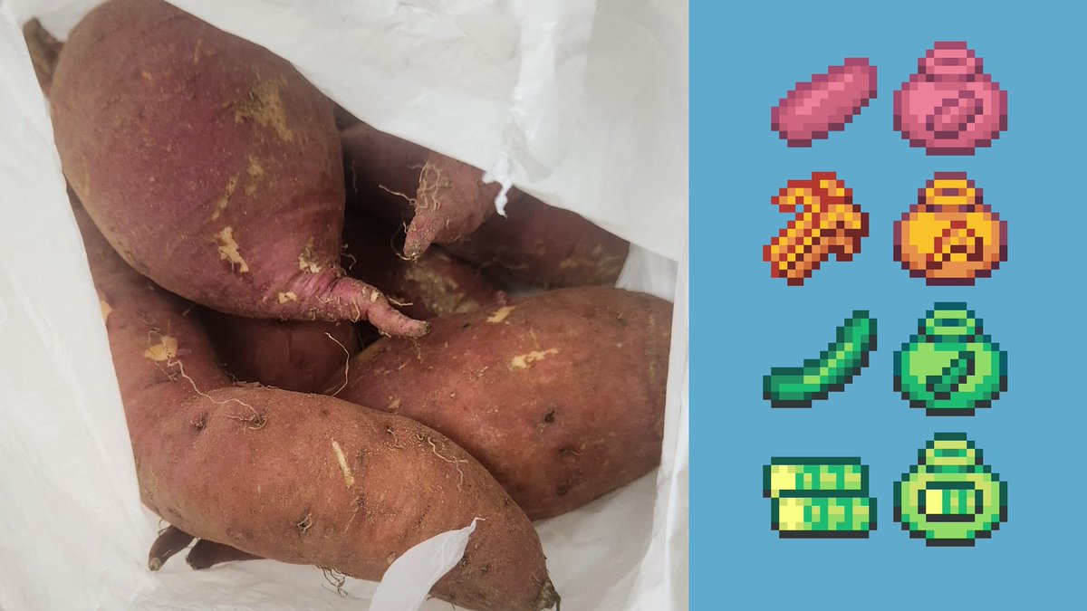 L19R20's tweet photo. Visited my grandma and came home with a bag of sweet potatoes 🍠
Reminded me of a pixel sweet potato I made a while back, so here they are together.

The seed pouch is an edited World of Solaria asset with my own sweet potato icon added.
#pixelart #ドット絵 https://t.co/M3ohHMAqRi