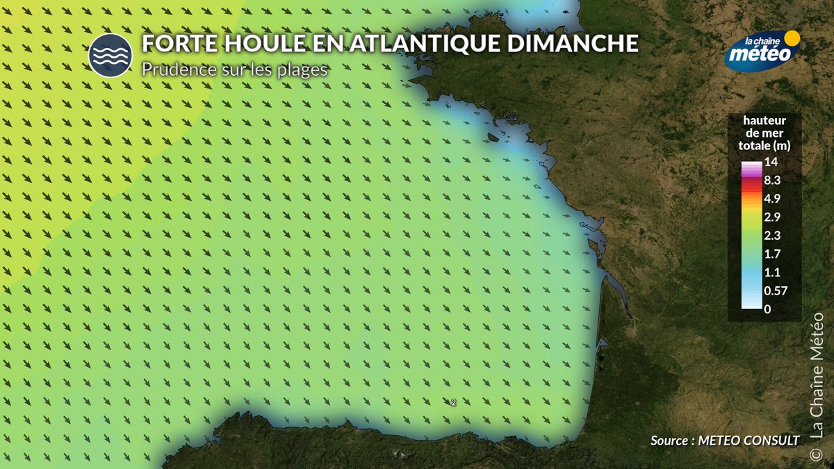 lachainemeteo's tweet photo. La #houle 🌊sera importante dimanche sur l'arc atlantique, conjuguée aux grandes #marées : il faudra être très prudent sur les plages et se méfier des courants de baïnes 🚩 https://t.co/u8BfdOvhLf